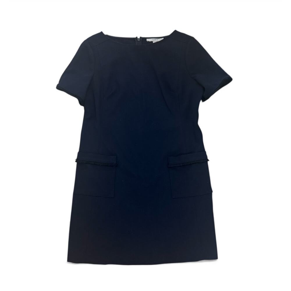 Loft Size 12P Navy Blue Fringed Shift Fit Pocket Stretch Dress 12 petites 12p